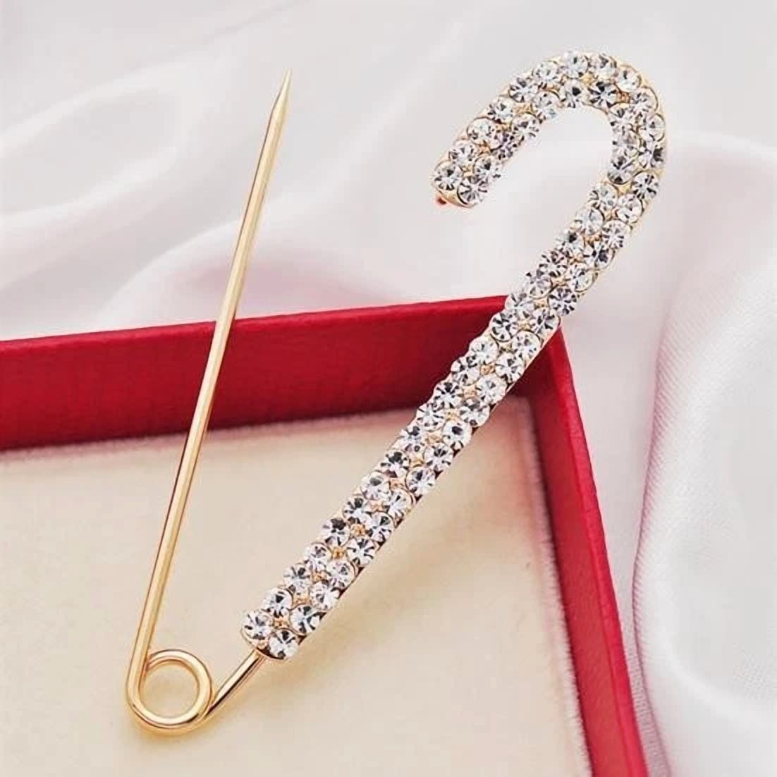 Pretty 1Ct Round Cut Simulated Diamond Women Safety Pin Brooch Pin 14K Yellow Gold Plated 925 Sterling Silver