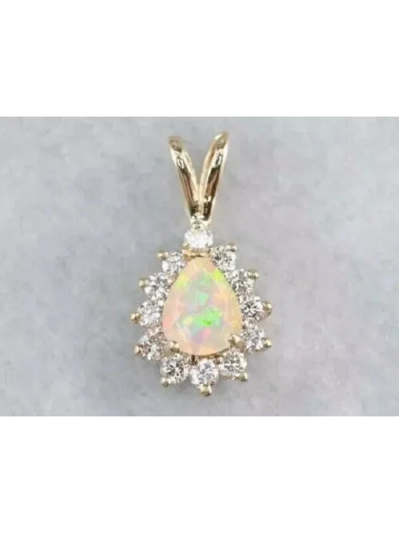 Pretty 2.00Ct Pear Cut Simulated Fire Opal Women's Halo Pendant 14k Yellow Gold Plated Silver