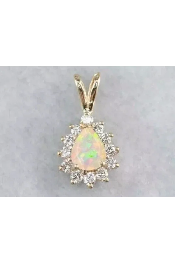 Pretty 2.00Ct Pear Cut Simulated Fire Opal Women's Halo Pendant 14k Yellow Gold Plated Silver