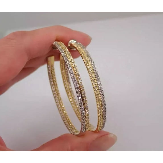 Pretty 2.50ct Round Lab Created Diamond Hoop Earrings 14K Two Tone Gold Plated