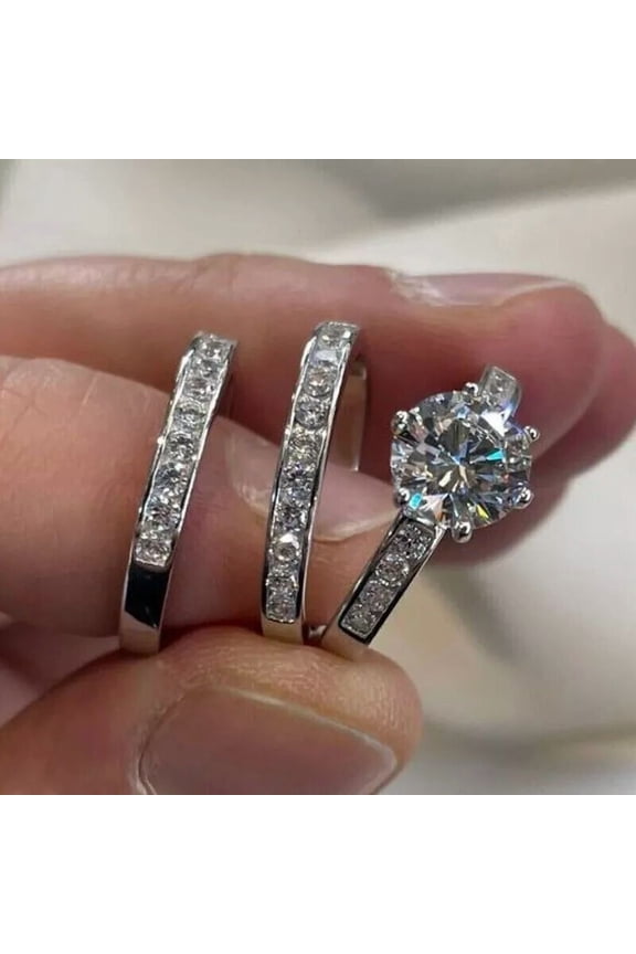 Pretty 3.00 Ct Round Cut Simulated Diamond Women Trio Set Engagement Bridal Ring 14K White Gold Plated 925 Silver