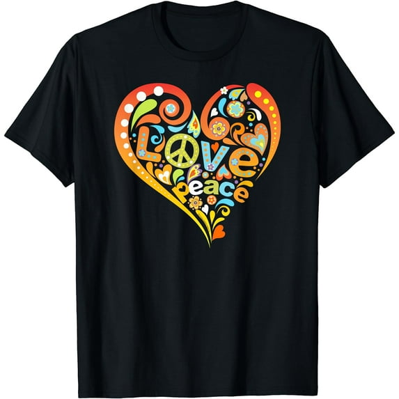 Pretty 60s 70s Hippie Peace Love Heart Peace Sign T-Shirt Black 2X-Large