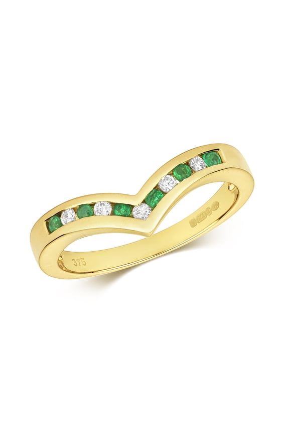 Pretty 9k Gold Women Diamond Wishbone Ring Brilliant Cut 0.10 Carat H - PK with Emerald