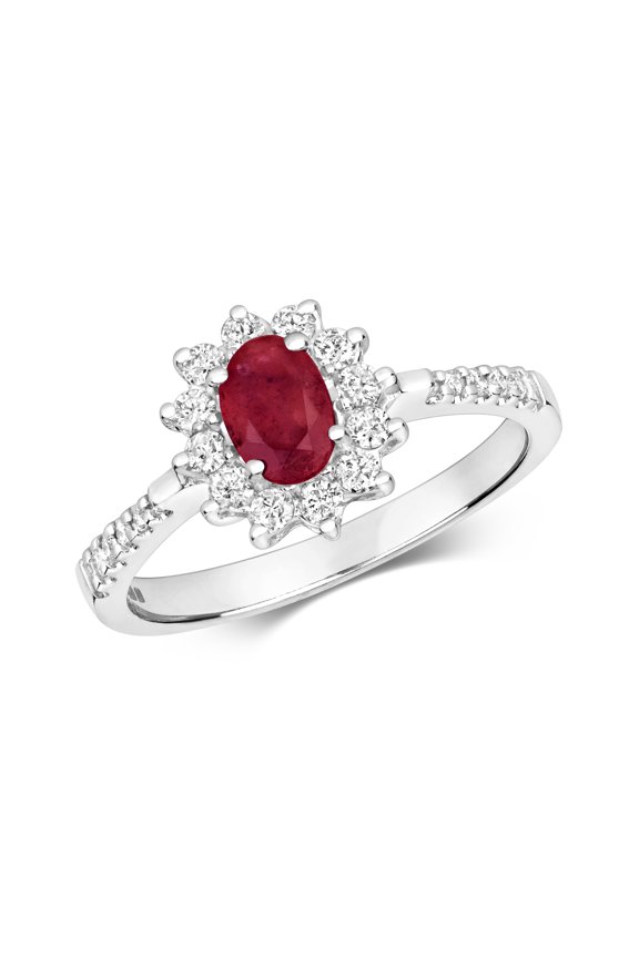 Pretty 9k White Gold Women Cluster Diamond Ring Brilliant Cut 0.34 Carat H - I1 I2 with Ruby