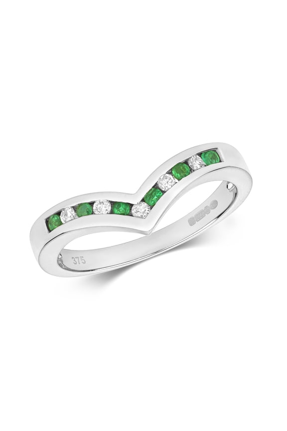 Pretty 9k White Gold Women Diamond Wishbone Ring Brilliant Cut 0.10 Carat H - PK with Emerald