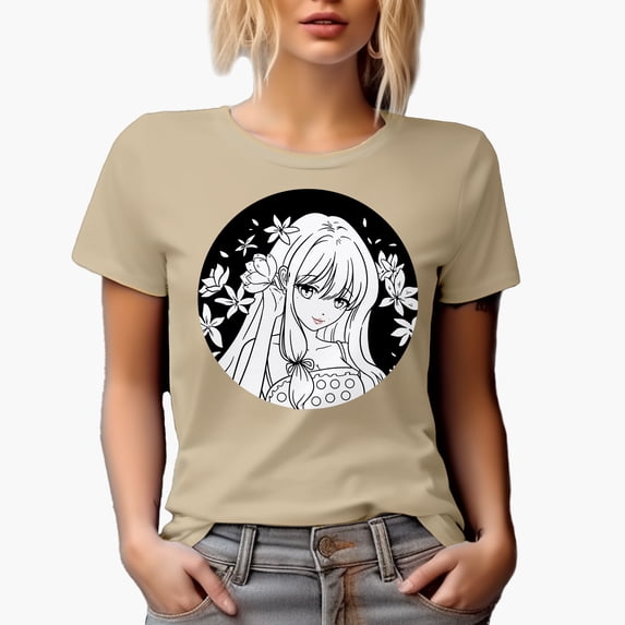 Pretty Anime Girl, Tan T-Shirt, Medium