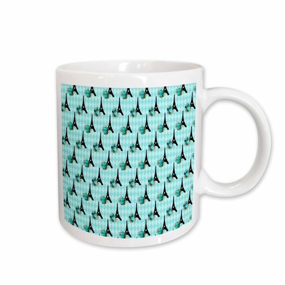 3drose, Pretty Aqua and Black Floral Eiffel Towers on a Diamond Background, 11oz Mug