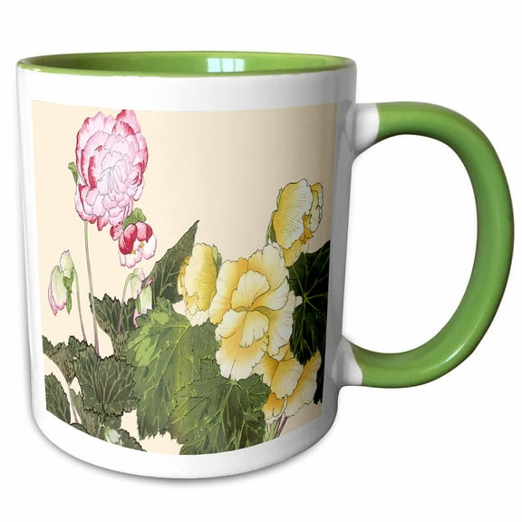 3drose, Pretty Begonias in Pink with Red Tips and Yellow, 15oz Two-tone Green Mug