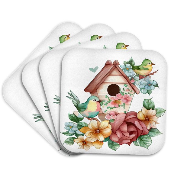 3drose, Pretty Bird House with Two Birds Illustration, Set of 4 Coasters - Soft