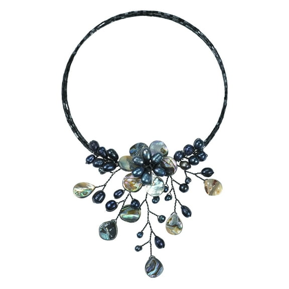 Pretty Black Abalone Shell Flower Ray Choker Wrap Necklace