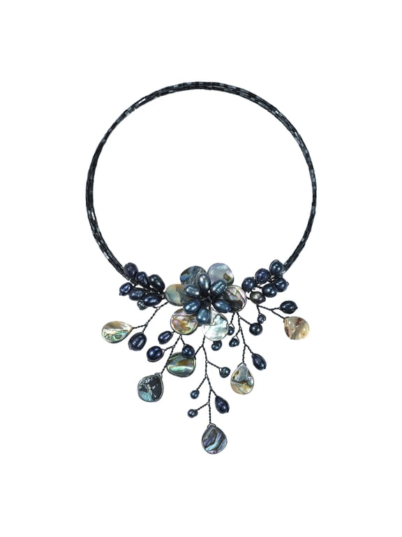 Pretty Black Abalone Shell Flower Ray Choker Wrap Necklace