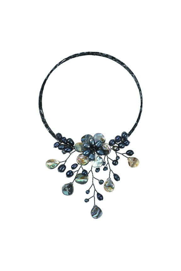 Pretty Black Abalone Shell Flower Ray Choker Wrap Necklace