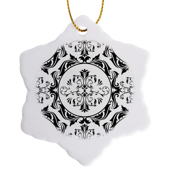 3drose, Pretty Black and White Art Nouveau Pattern, 3 inch Snowflake Porcelain Ornament