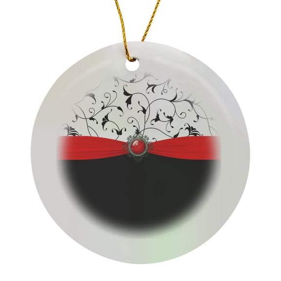 3drose, Pretty Black and White Filigree, Red Ribbon and Digital Jewel Design, Circle Porcelain Ornament