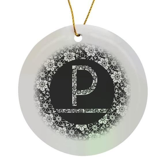 Pretty Black And White Floral Monogram Letter P, Circle Porcelain Ornament