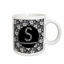 3drose, Pretty Black and White Floral Monogram Letter S, 11oz Mug