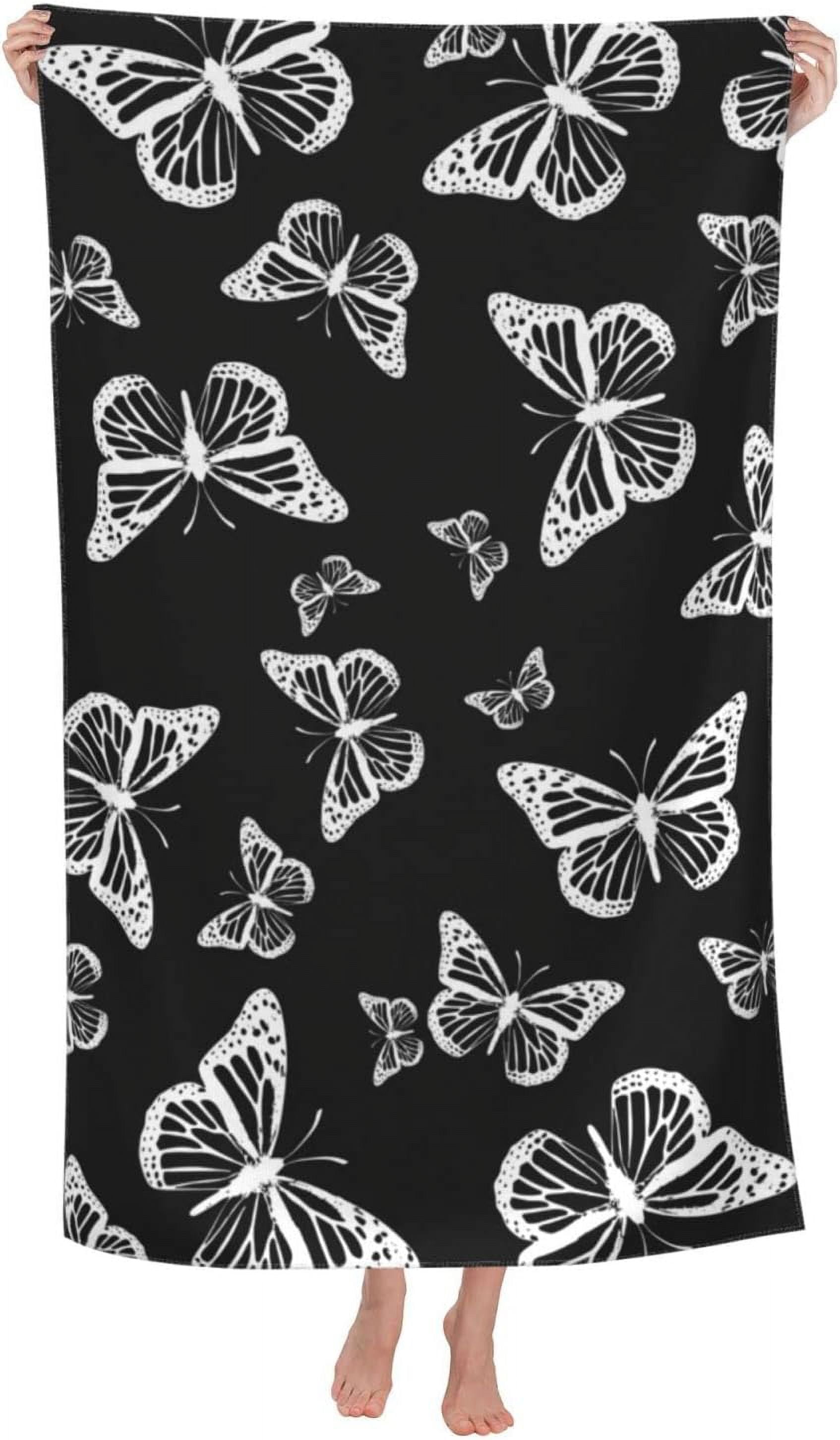 Pretty Black and White Butterflies Pattern Beach Towels Oversized Soft High Absorbent Quick Dry Bath Towels Pool Towels Travel Beach Towels for Kids Adults