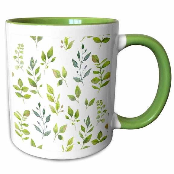 3drose, Pretty Blue and Green Image of Watercolor Leaf Pattern, 15oz Two-tone Green Mug
