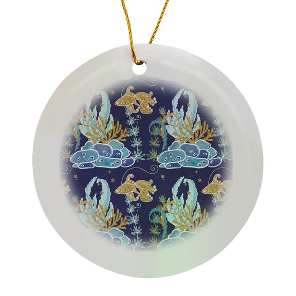 3drose, Pretty Blue and Image of Gold under the Sea Pattern, Circle Porcelain Ornament