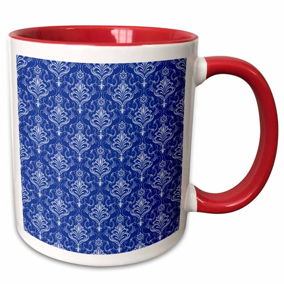 3drose, Pretty Blue and White Fancy Damask Pattern, 11oz Two-tone Red Mug