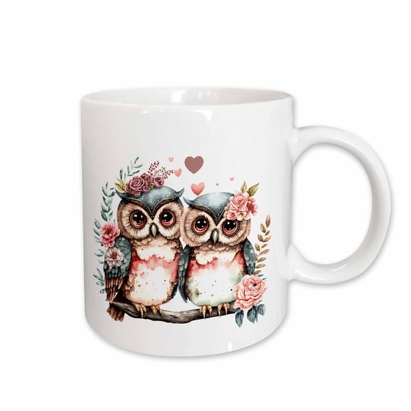 3drose, Pretty Blue and White Floral Owl Couple Illustration, 11oz Mug