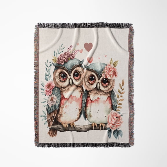 Pretty Blue And White Floral Owl Couple Illustration, Woven Blanket