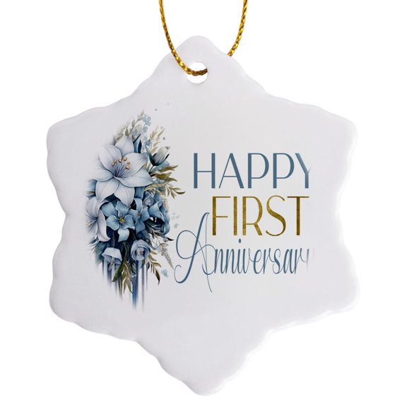 3drose, Pretty Blue Floral Happy First Anniversary, 3 inch Snowflake Porcelain Ornament