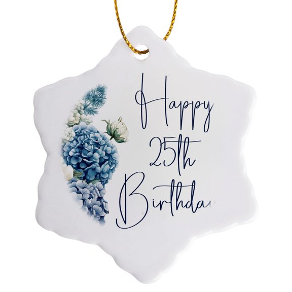 3drose, Pretty Blue Hydrangea Happy 25th Birthday, 3 inch Snowflake Porcelain Ornament