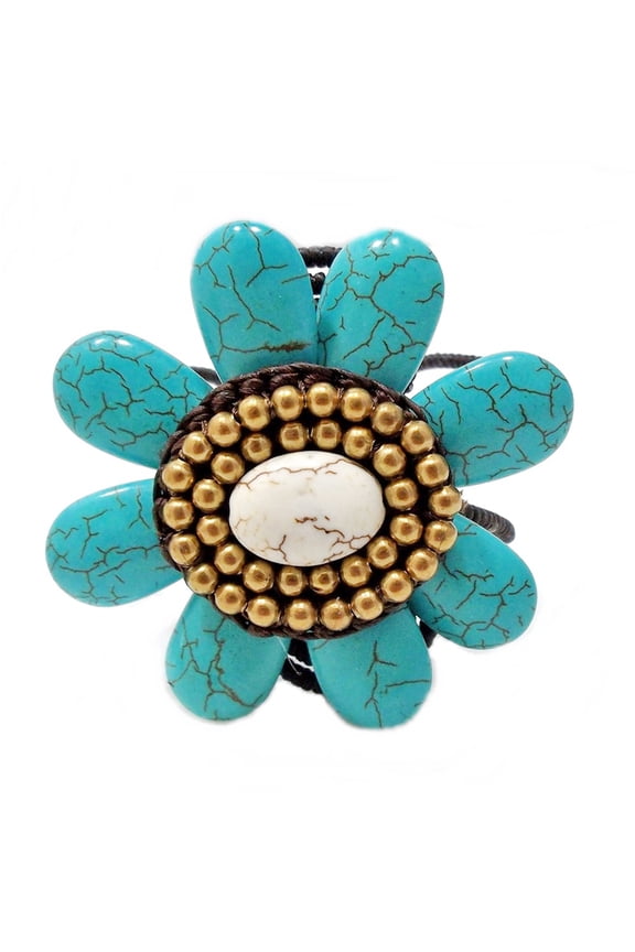 Pretty Blue/White Turquoise Oval Flower Brass Cuff