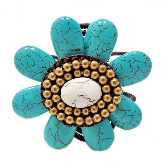 Pretty Blue/White Turquoise Oval Flower Brass Cuff