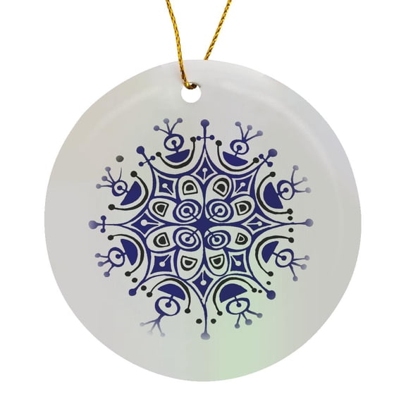 3drose, Pretty Bright Blue and White Snow Flake on a White Background, Circle Porcelain Ornament