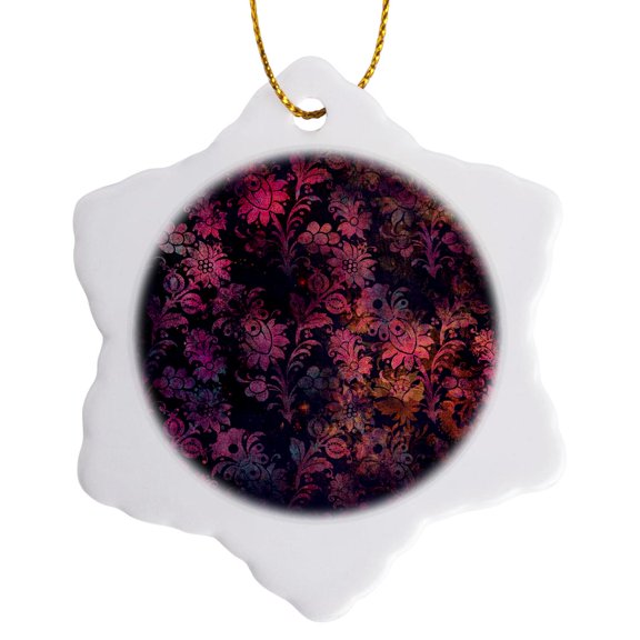 3drose, Pretty Bright Pink and Dark Blue Gradient Grunge Floral Pattern, 3 inch Snowflake Porcelain Ornament