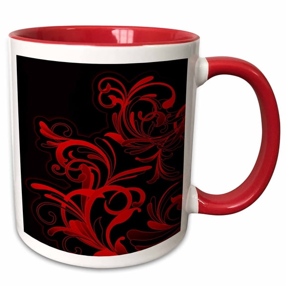 3drose, Pretty Bright Red Double Flourishes Against a Black Background, 11oz Two-tone Red Mug