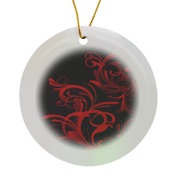 3drose, Pretty Bright Red Double Flourishes Against a Black Background, Circle Porcelain Ornament