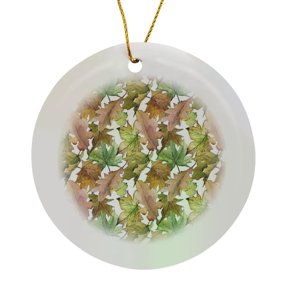 3drose, Pretty Brown and Green Fall Oak Leaves Pattern, Circle Porcelain Ornament