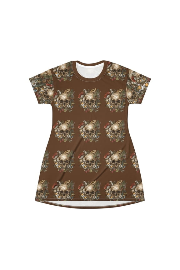 Pretty Brown Skull All Over Print T-Shirt Dress