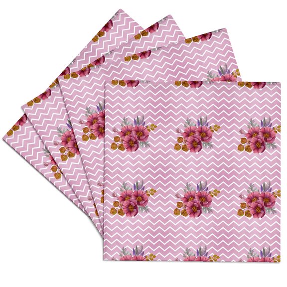 3drose, Pretty Burgundy Flowers on a Pink Chevron Background Pattern, Set of 4 Ceramic Tile Coasters
