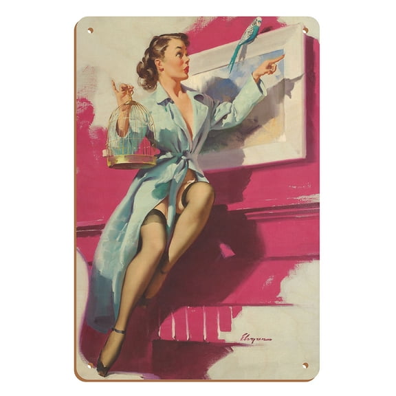 Pretty Cagey - Vintage Pin Up Girl Print by Gil Elvgren c.1953 - 8 x 12 inch Vintage Wood Art Sign
