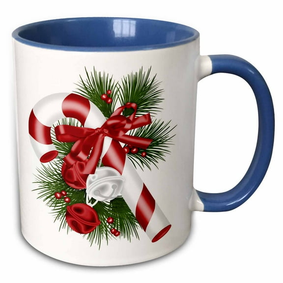 3drose, Pretty Candy Cane with Bells Illustration, 15oz Two-tone Blue Mug