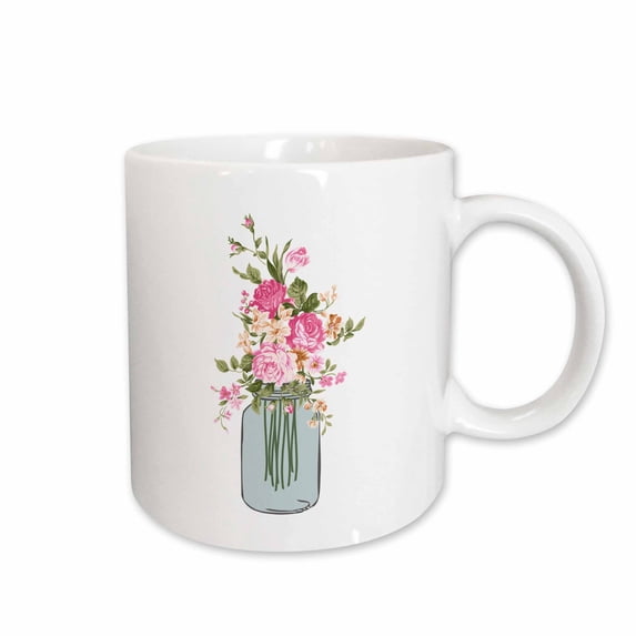 3drose, Pretty Canning Jar with Flowers Illustration, 11oz Mug