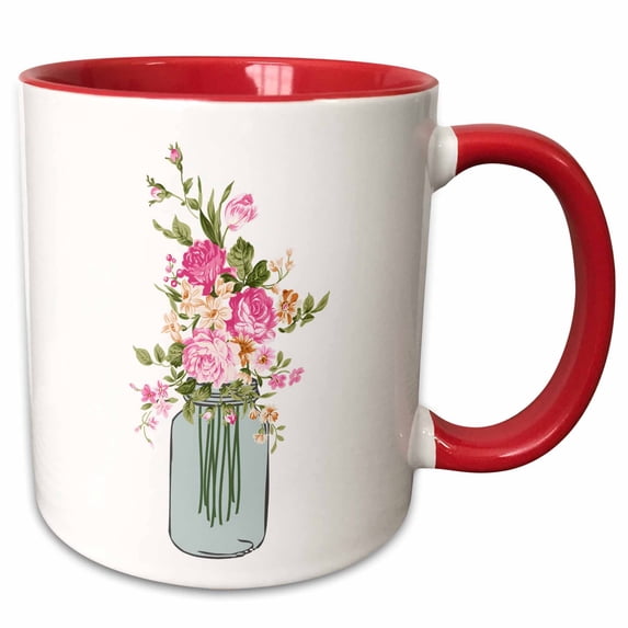 3drose, Pretty Canning Jar with Flowers Illustration, 11oz Two-tone Red Mug
