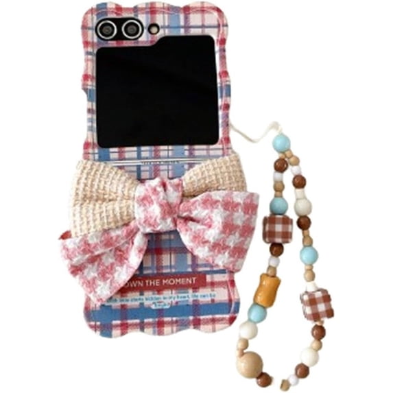 Pretty Case for Samsung Galaxy Z Flip 6 (2024),Cute Beautiful Bow Pattern Design Phone Protective Cover with Pearl Wrist Chain for Girls Women (with Chain)