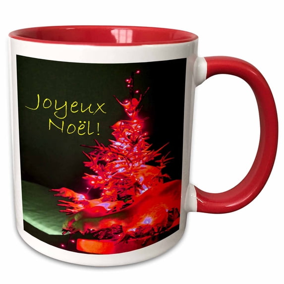 3drose, Pretty Christmas Tree Joyeux Noel in Red with Gold Text, 15oz Two-tone Red Mug