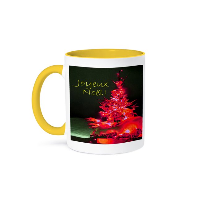 3dRose, Pretty Christmas Tree Joyeux Noel in Red with Gold Text, 15oz Two-Tone Yellow Mug