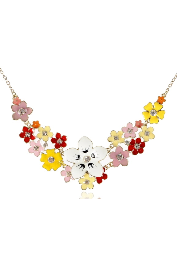 Pretty Colorful Enamel Painted Clear Crystal Rhinestone Floral Pendant Necklace
