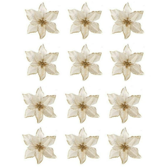 Pretty Comy 12 Pieces Christmas Glitter Poinsettia Flowers Artificial Flowers Wedding Glitter Christmas Tree New Year Ornaments Garland Accessories