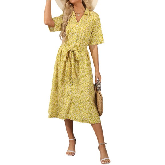 Pretty Comy 2024 New Women's Printed Dresses Tie A line Dresses Lapel Short Sleeve Floral Midi Dresses