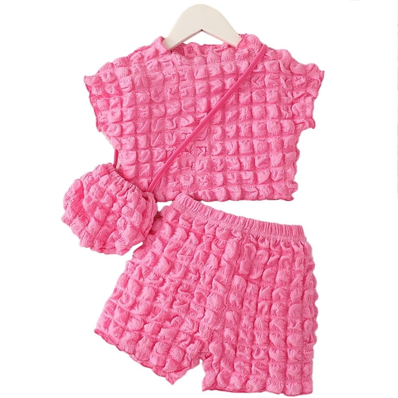 Pretty Comy 2pcs Girls Trendy Outfits, Young Girls' Lovely Popcorn Textured Short Sleeve Crew Neck Top   Shorts With Bag Set For Summer Clothes Gift