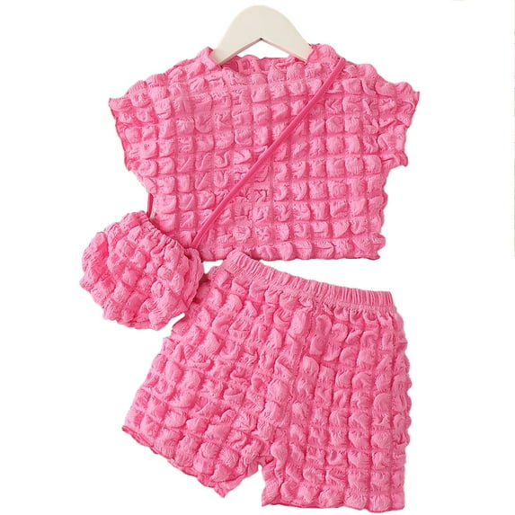 Pretty Comy 2pcs Girls Trendy Outfits, Young Girls' Lovely Popcorn Textured Short Sleeve Crew Neck Top + Shorts With Bag Set For Summer Clothes Gift