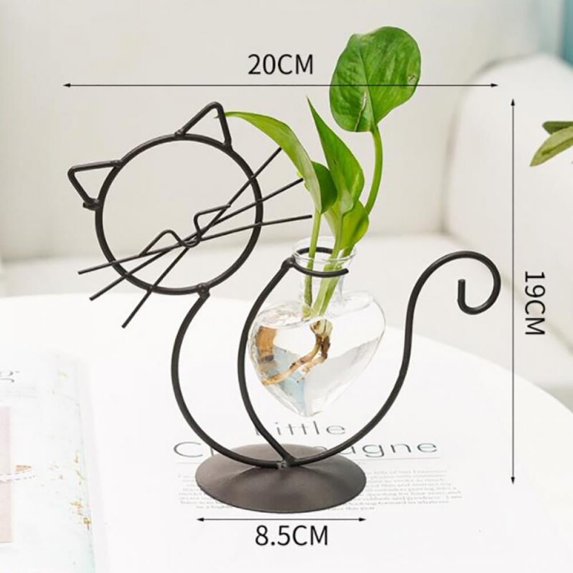 Pretty Comy Hydroponic Plant Vases Cute Cat Flower Pot Transparent Vase Iron Frame Glass Tabletop Plants Home Bonsai Decor Style 2